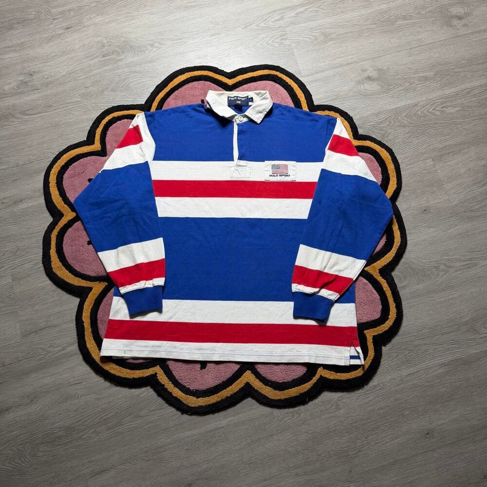 Vintage 90’s Ralph Lauren Polo Sport Patch Logo USA Striped Rugby Shirt Large
